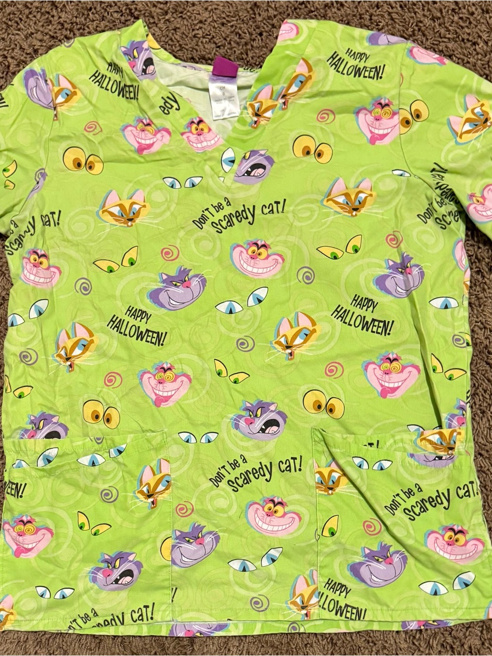 Disney Lime Green Halloween Cat scrub top